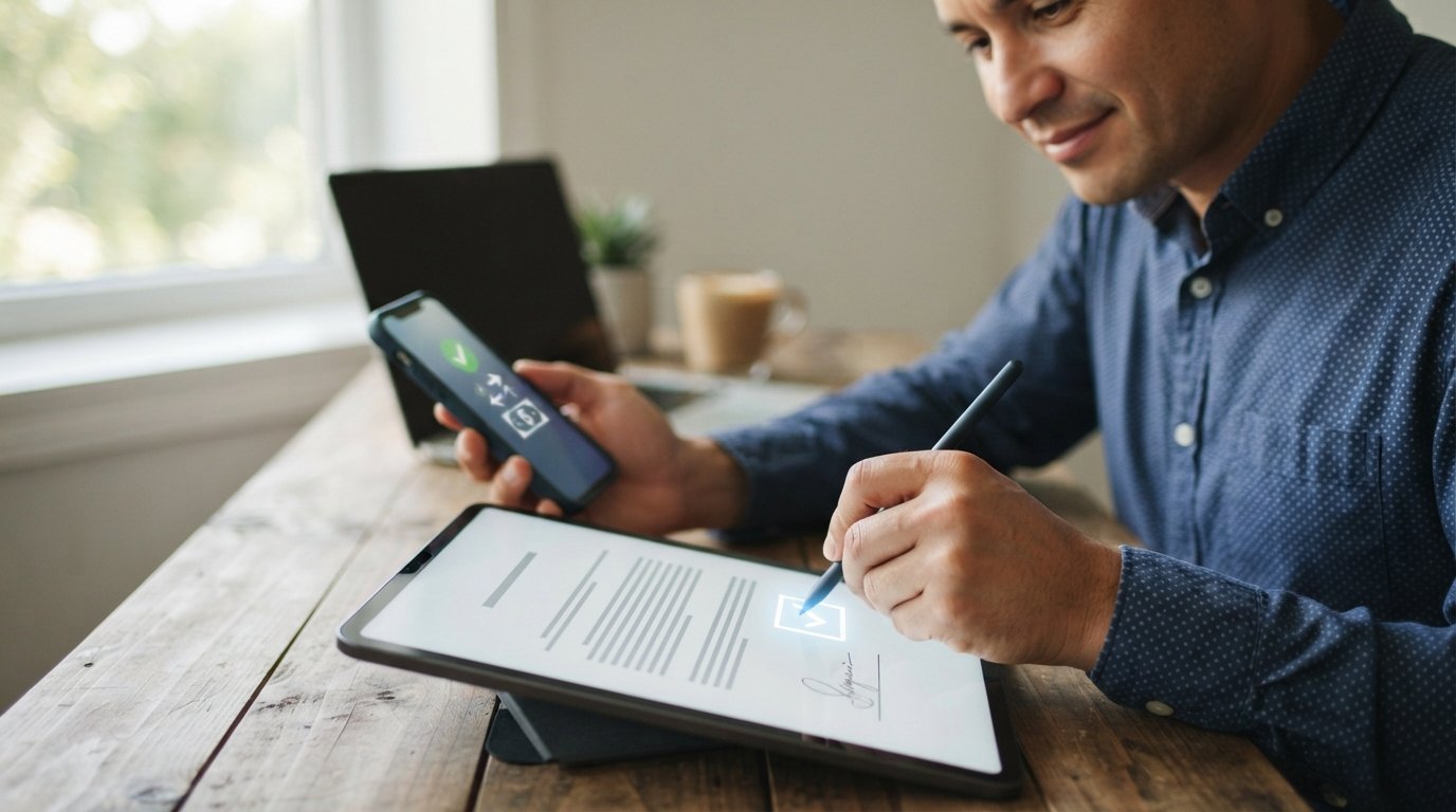 Hand with stylus tapping an I Agree checkbox on a tablet showing a digital loan contract, with a smartphone notification…