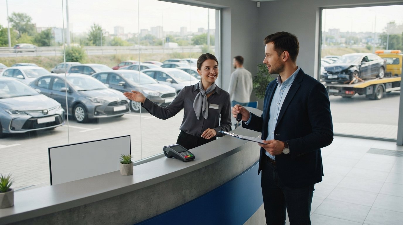 Driver in casual business attire holds keys and a clipboard at a rental car counter while an agent gestures toward parked…