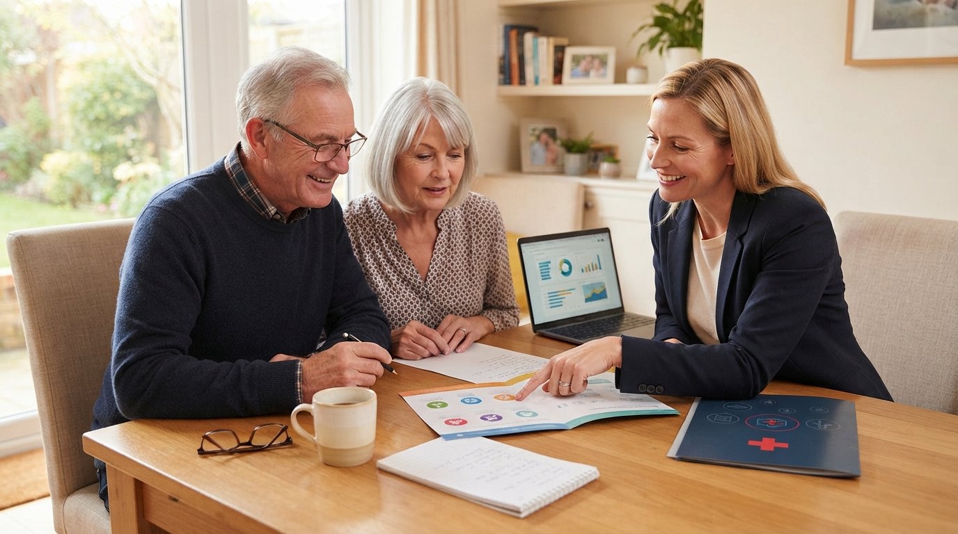 Senior couple at a dining table with an insurance agent pointing to a Medicare document, laptop and brochure nearby