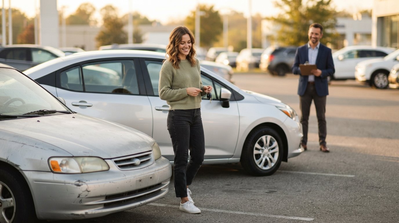 Smiling young adult holding car keys beside a shiny new silver sedan in a dealership lot at golden hour, with an older…