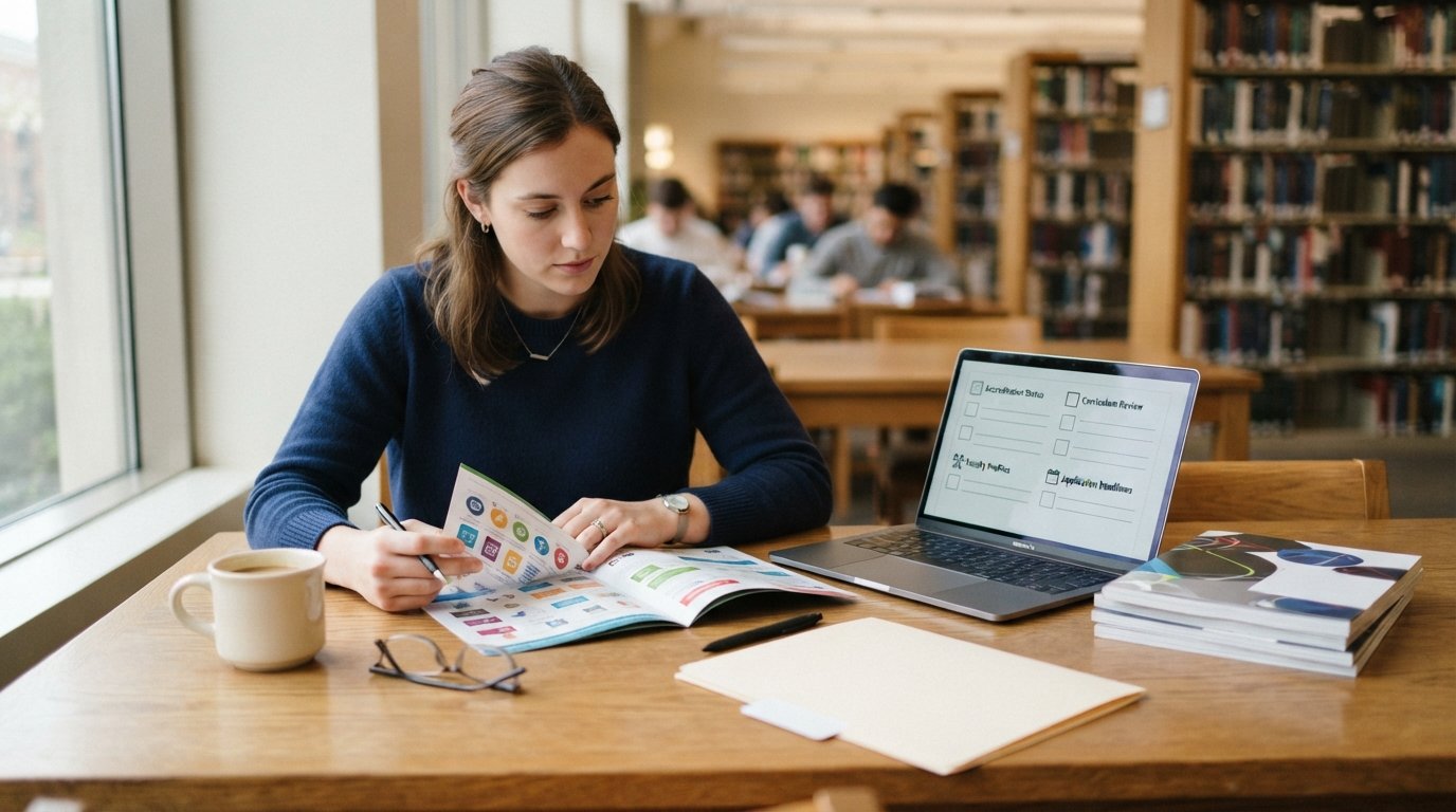 Student in a navy sweater compares a printed degree brochure with a laptop checklist at a sunlit library desk