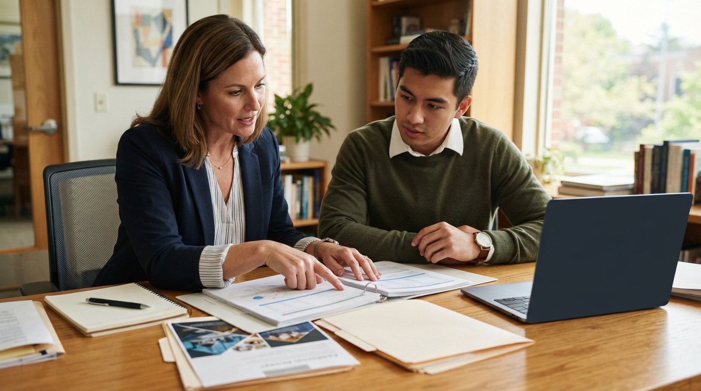 Academic advisor points at an accreditation document while a prospective graduate student listens at a wooden desk in a…
