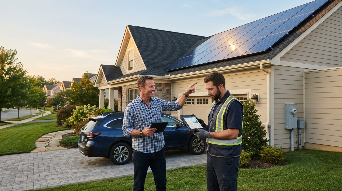 A smiling homeowner in jeans and a plaid shirt points to blue-black solar panels on the roof while a solar installer in a…