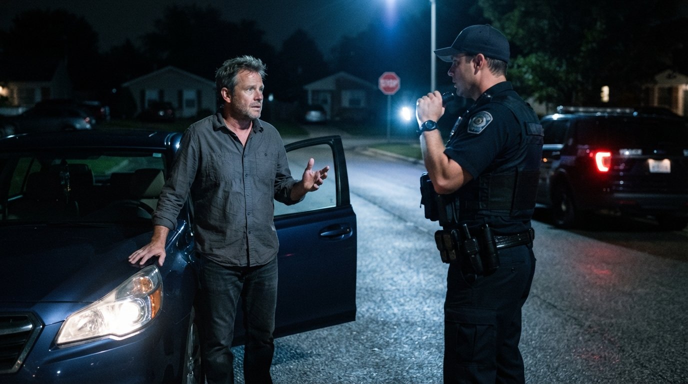 Police officer with flashlight talks to a driver standing beside his car on a dark suburban street at night