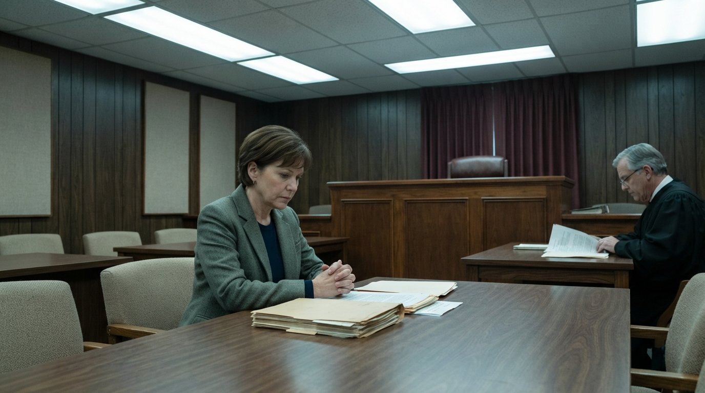 A woman sits alone at a conference table facing a judge at a raised bench in a wood-paneled hearing room.