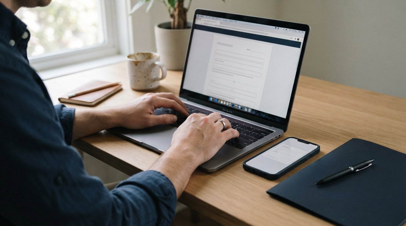 Hands typing on a laptop at a home desk with a smartphone, pen, folder, coffee mug, and notepad in soft window light