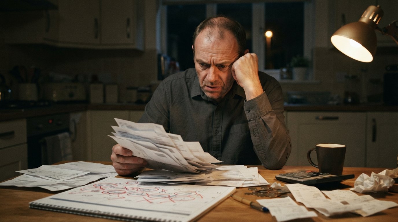 Worried man at a kitchen table at night looking at a tall stack of past-due payday loan statements, a marked calendar,…