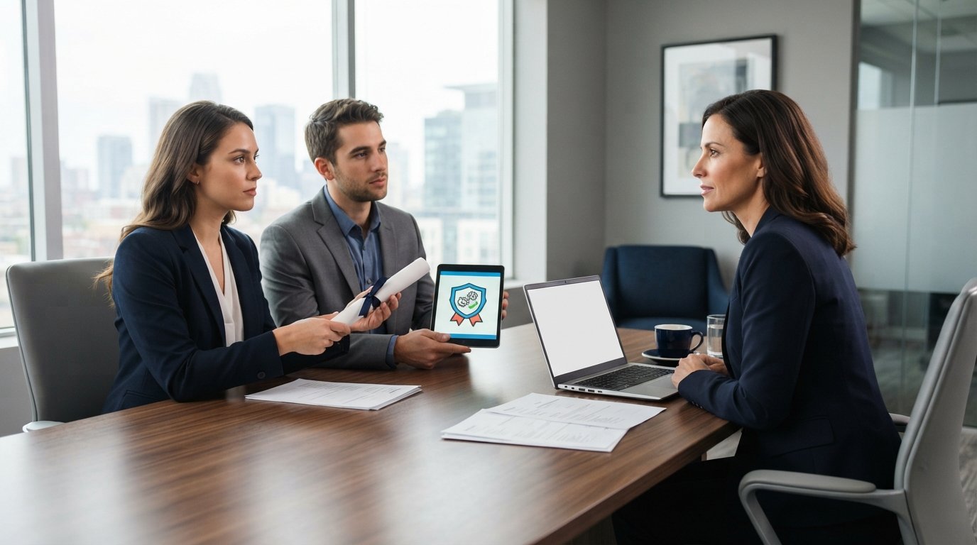 Two job candidates in business attire sit across from a hiring manager at a conference table; one holds a rolled diploma,…