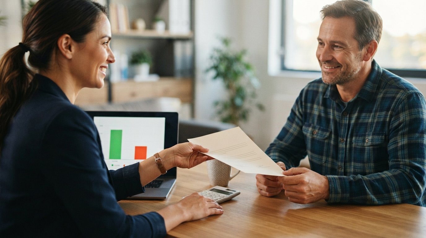 Financial advisor slides a loan approval document across a desk to a relieved man in a plaid shirt, with a laptop showing…