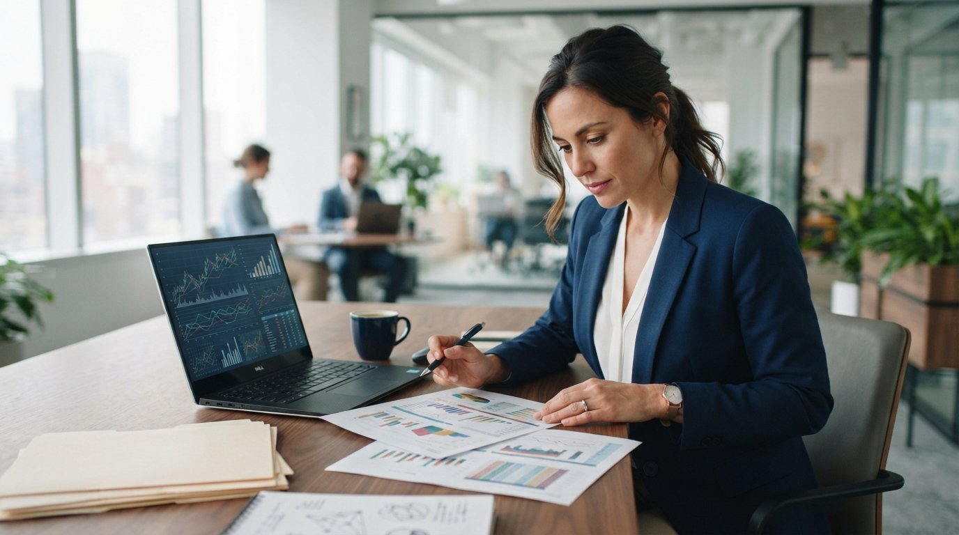 Financial analyst in a navy suit studying a credit report on a laptop and printed pages at a bright office desk