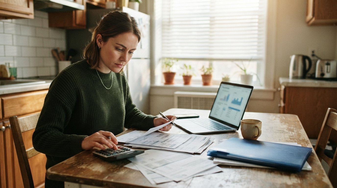 Young adult in business casual clothing reviewing pay stubs and bank statements at a wooden kitchen table beside a laptop,…