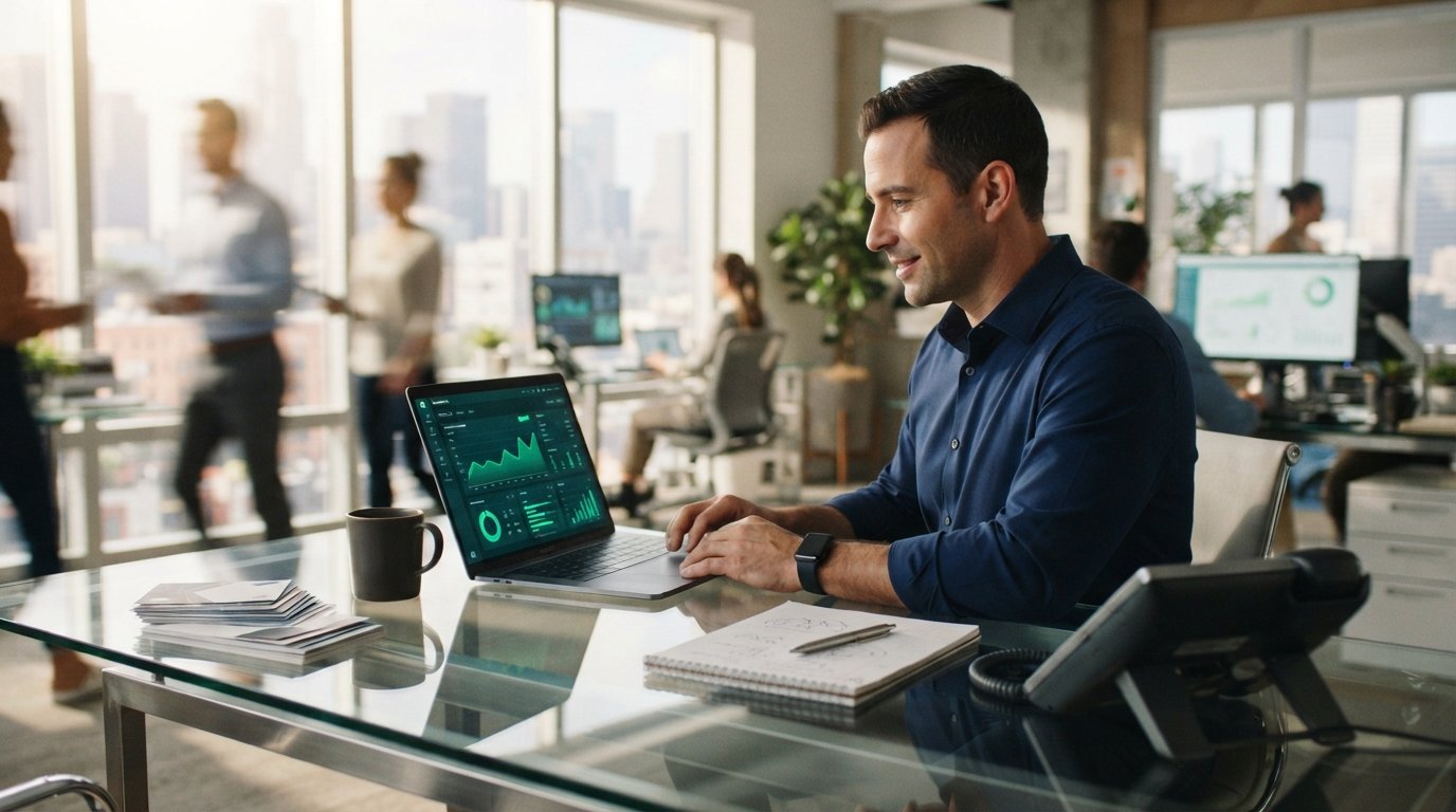 Loan officer in a navy shirt at a glass desk reviewing green performance graphs on a laptop beside a landline phone and…