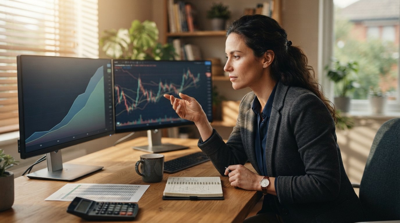 Person in business casual attire at a wooden desk reviewing rising yield curves and mortgage rate trend lines on two…