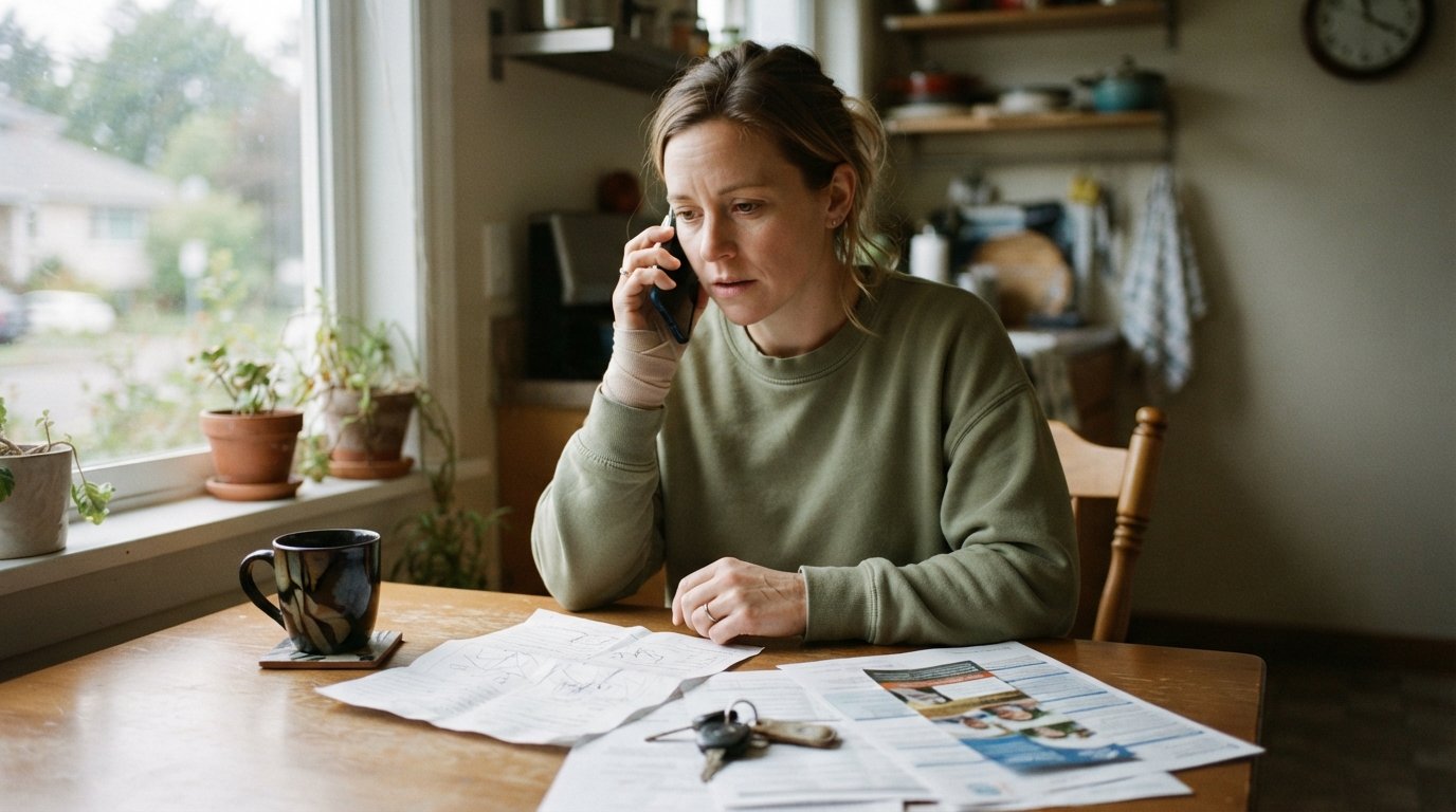 Person at a kitchen table holds a phone to their ear beside a crumpled accident report, car keys, and a coffee mug, with a…
