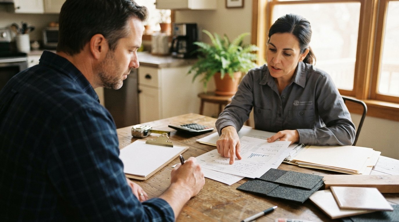 Contractor pointing at line items on a multi-page quote while a homeowner reviews it at a table with a clipboard, measuring…
