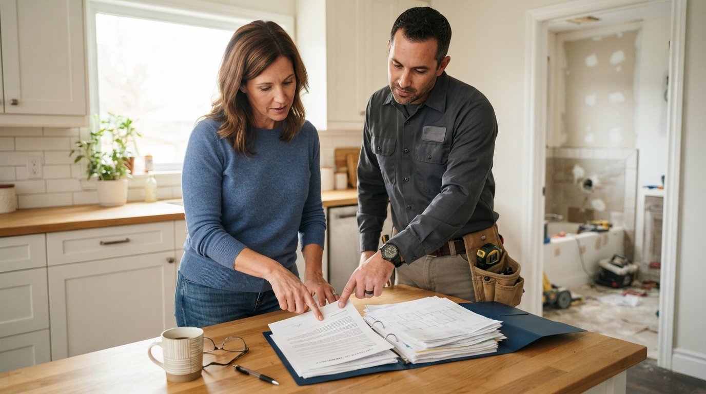 Homeowner and contractor in a work shirt reviewing a printed warranty document at a kitchen table, with paperwork, pen, and…