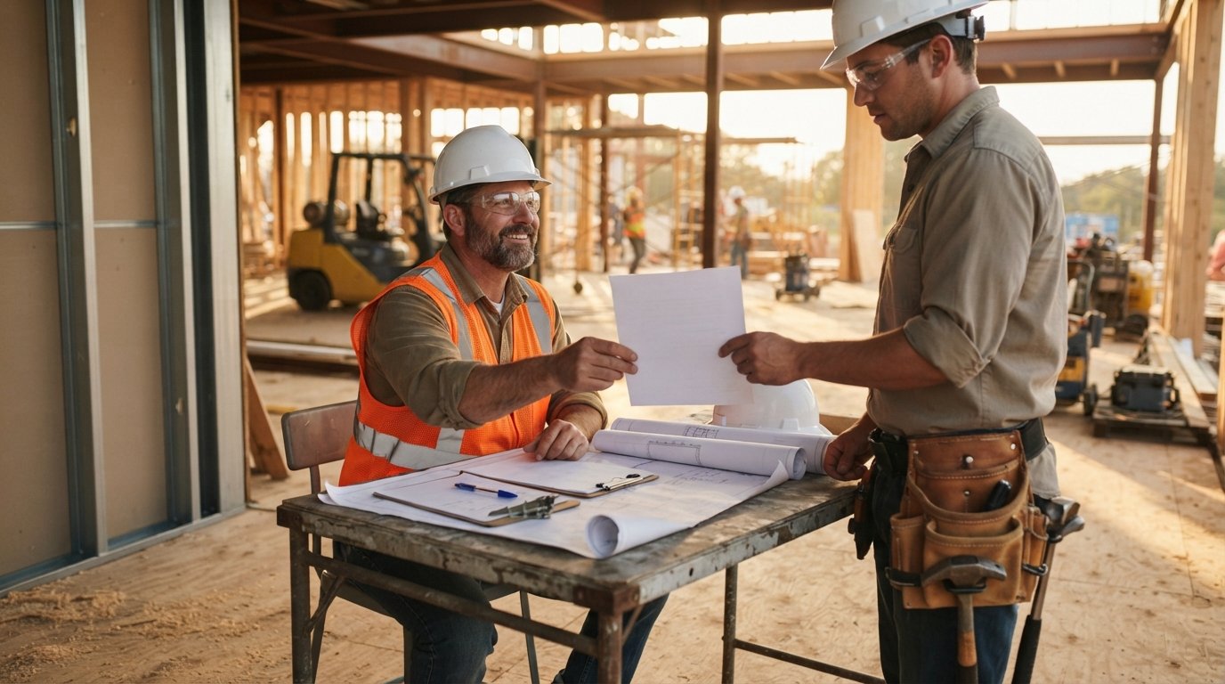 Manager in hard hat and safety vest gives printed workers' compensation disclosure form to new carpenter at a construction…