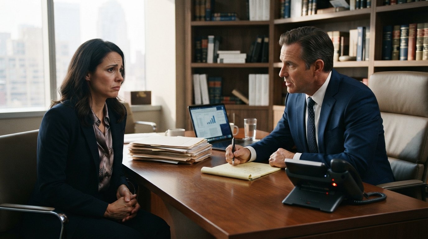 A woman in a blazer speaks with a male lawyer in a navy suit, who holds a pen over a legal pad at a wooden desk with files…