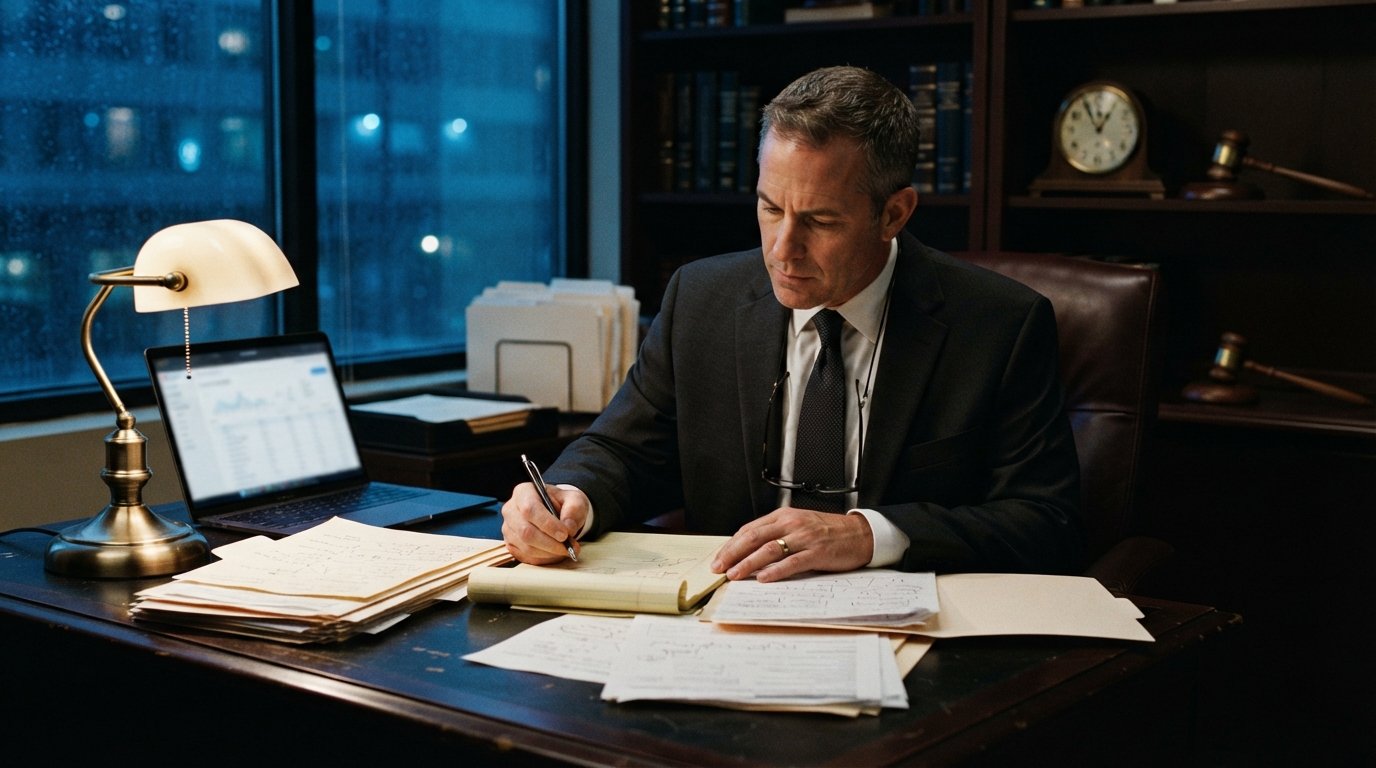 Criminal defense attorney in a dark suit reviews paperwork at a wooden desk, with a laptop, legal pad, wall clock, and…