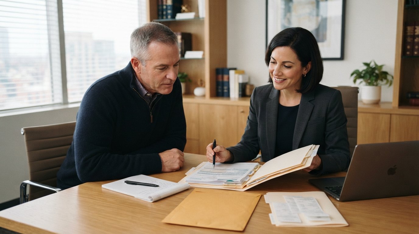 Man in navy sweater and female attorney in charcoal blazer review an open folder of organized documents at a wooden desk…
