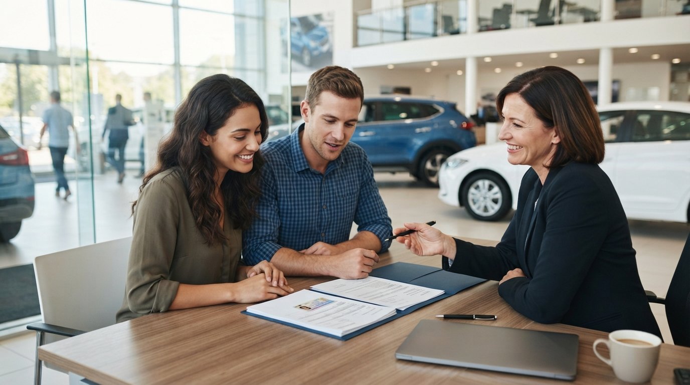 Couple in casual business attire reviewing a stack of documents with a salesperson at a dealership desk, with cars visible…