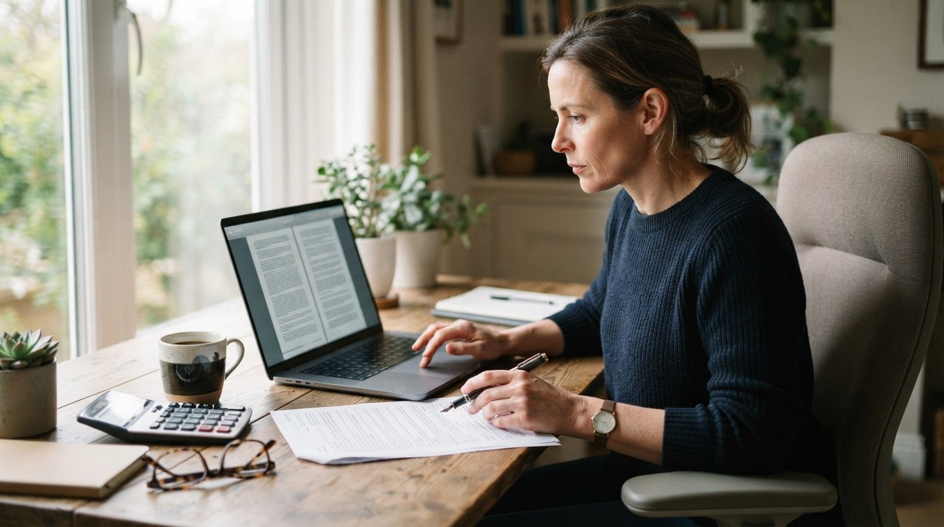 Person at a home desk reviewing a contract on a laptop, holding a pen over a printed document beside a calculator, coffee…