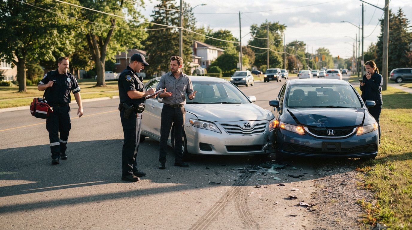 Realistic photograph of a roadside scene moments after a minor car collision — what to do after a car accident legal steps