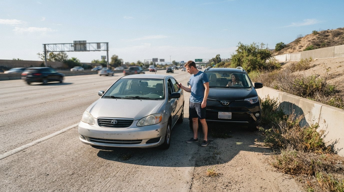 Driver in blue shirt photographs a black SUV's license plate on a sunny California highway shoulder after a collision