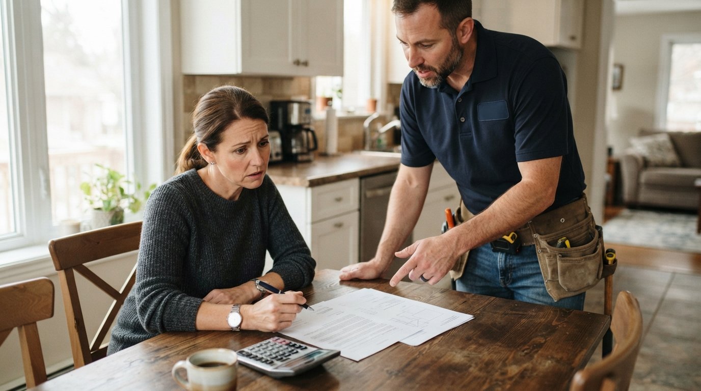 Concerned homeowner with pen reviewing a printed contract at a kitchen table while a contractor in a tool belt gestures…