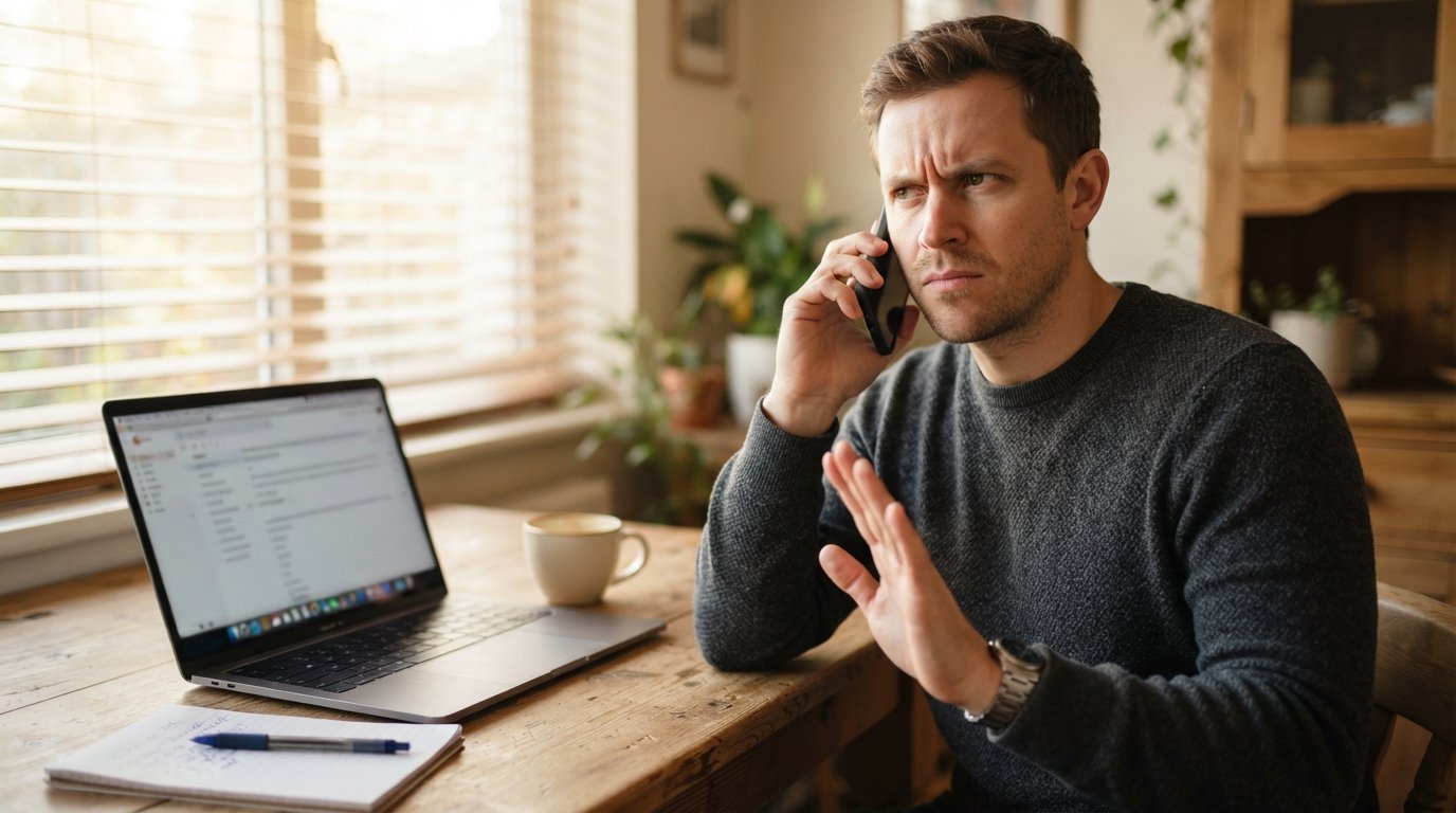 Skeptical man in his 30s holds a phone to his ear at a kitchen table, raising a hand in hesitation beside an open laptop,…