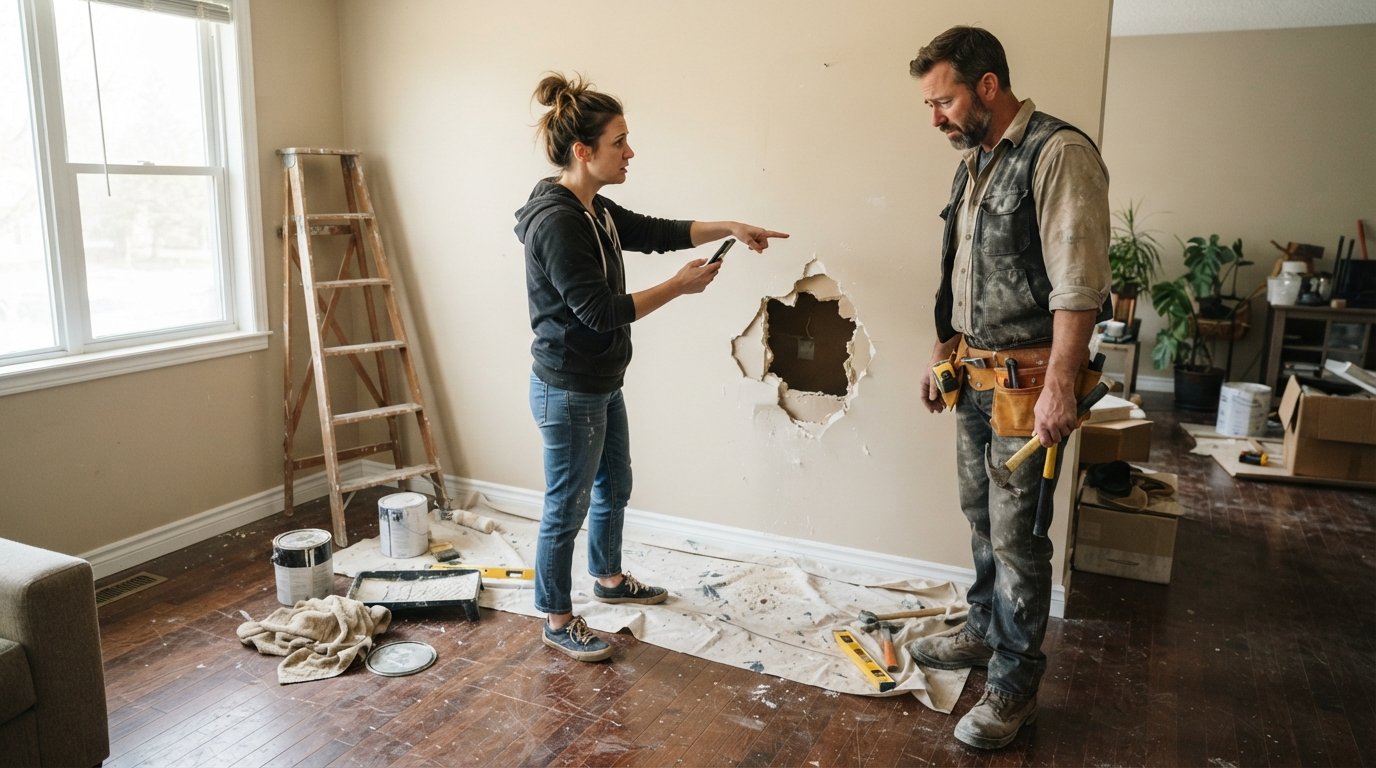 Homeowner in work clothes points at a large hole in beige drywall while a contractor with a tool belt looks on…