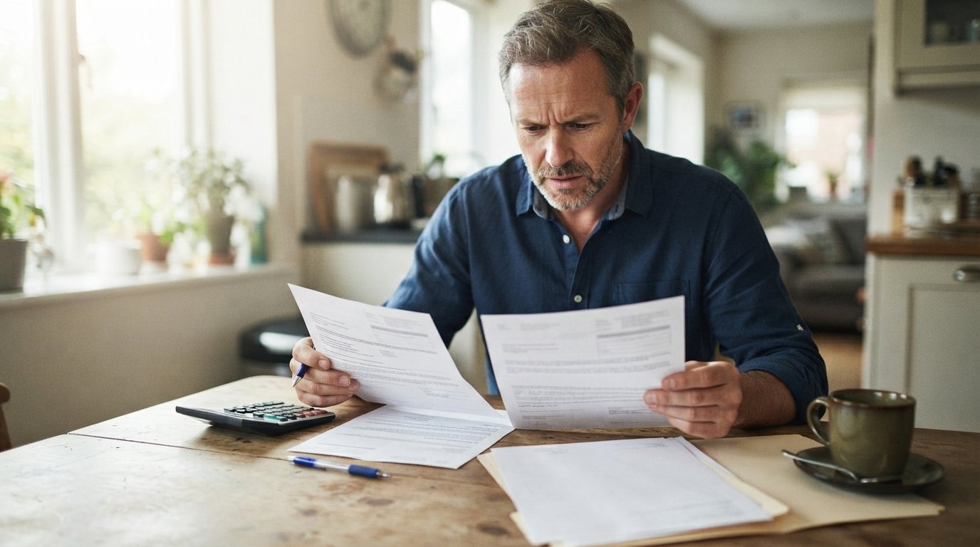 Worried homeowner at a kitchen table comparing an insurance settlement letter with a contractor estimate beside a…