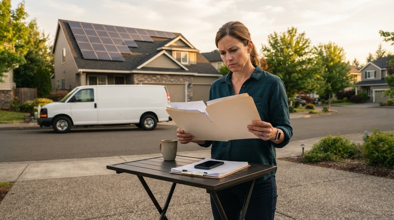 Homeowner reviewing paperwork at a folding table in a driveway, with rooftop solar panels and an empty installer van at the…