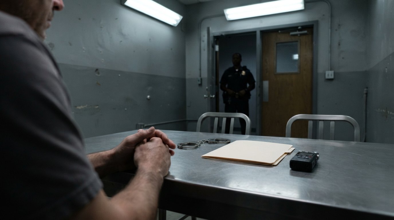 Silver handcuffs on a metal table beside a manila folder and recording device in a dim interrogation room