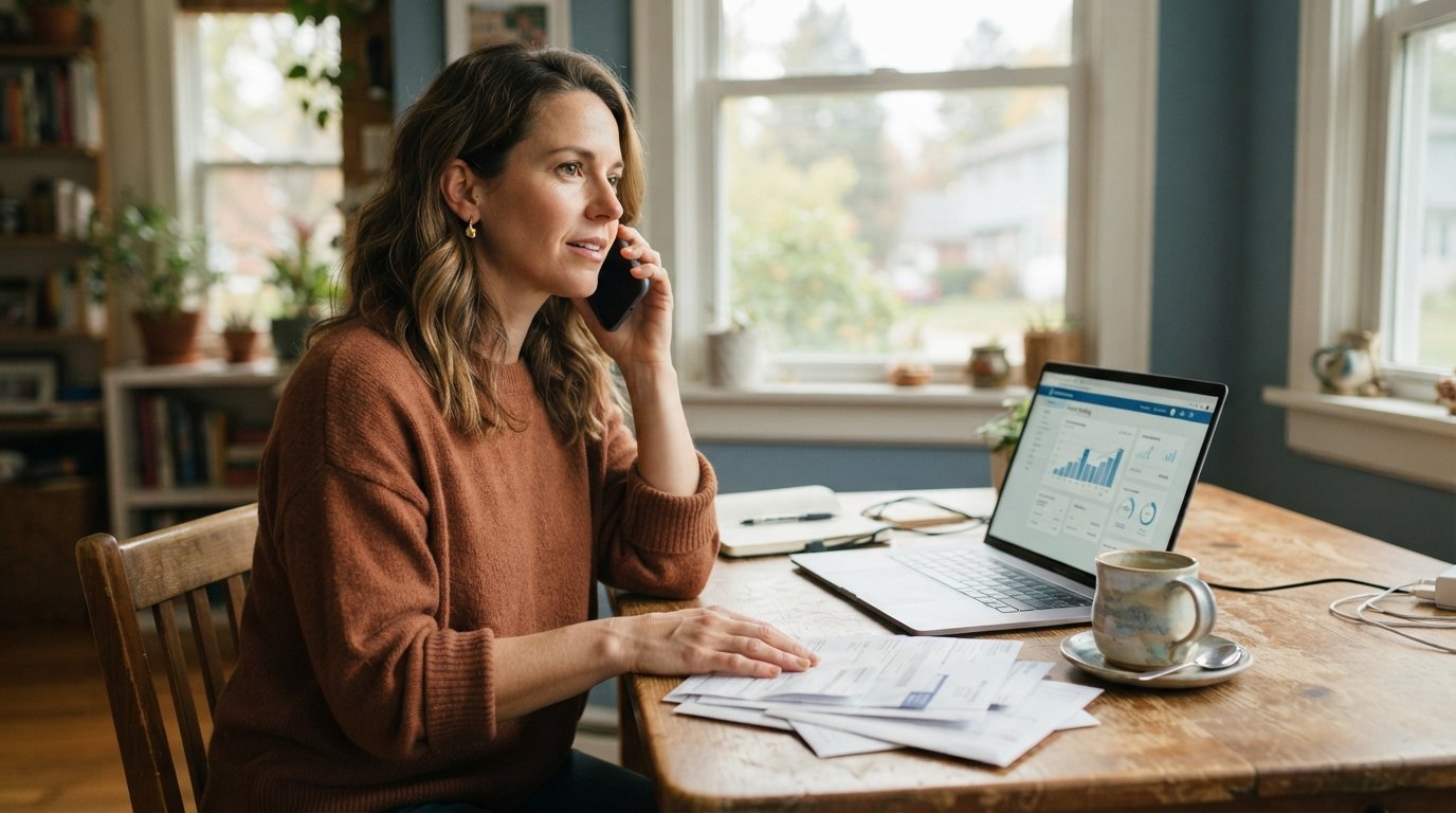 Woman at a kitchen table holding a phone to her ear, hand resting on a stack of bills beside a laptop showing online banking