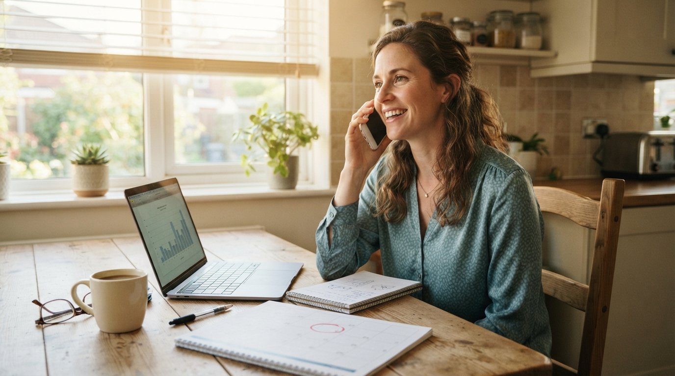 Relieved woman at a kitchen table with a laptop, paper calendar, coffee mug, and notebook, speaking on the phone in morning…