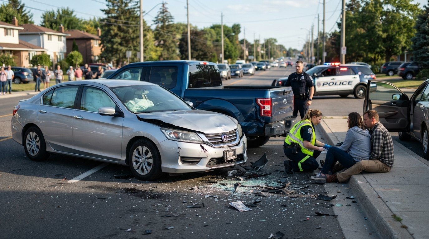 Silver sedan with crumpled bumper and deployed airbags resting against a dark blue pickup truck, shattered glass and debris…