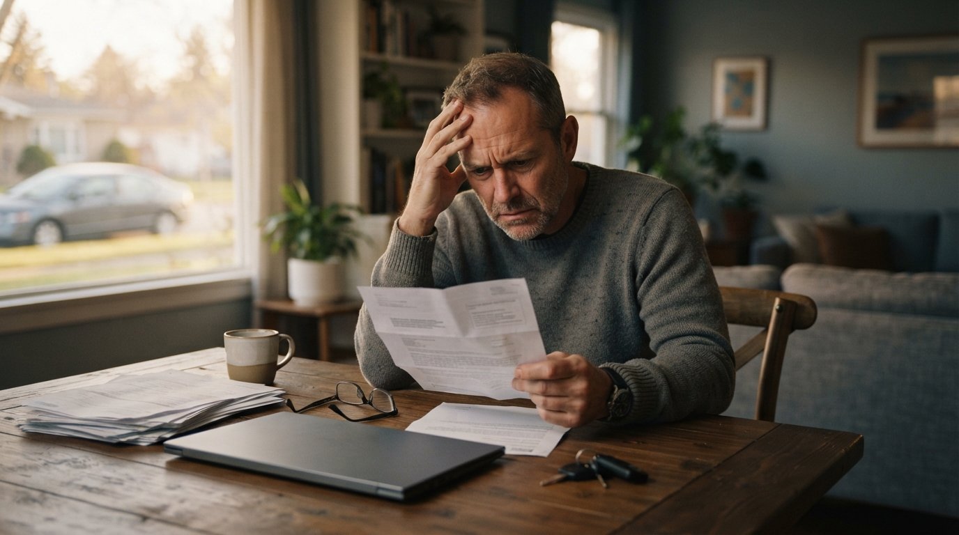 Worried middle-aged driver at a dining table holding an open insurance denial letter, with a laptop, policy documents, car…