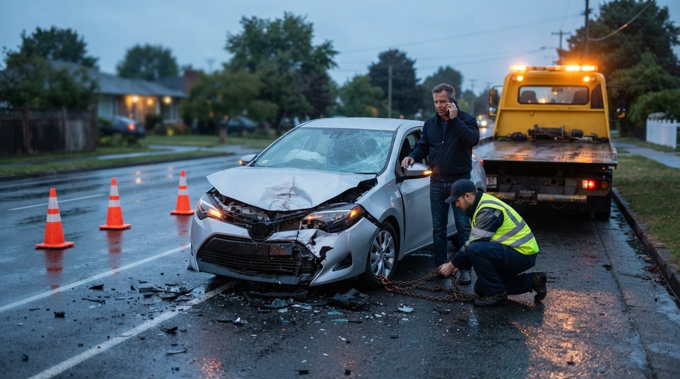 Crumpled silver sedan with shattered windshield on wet road shoulder as tow operator attaches chains and driver calls on…