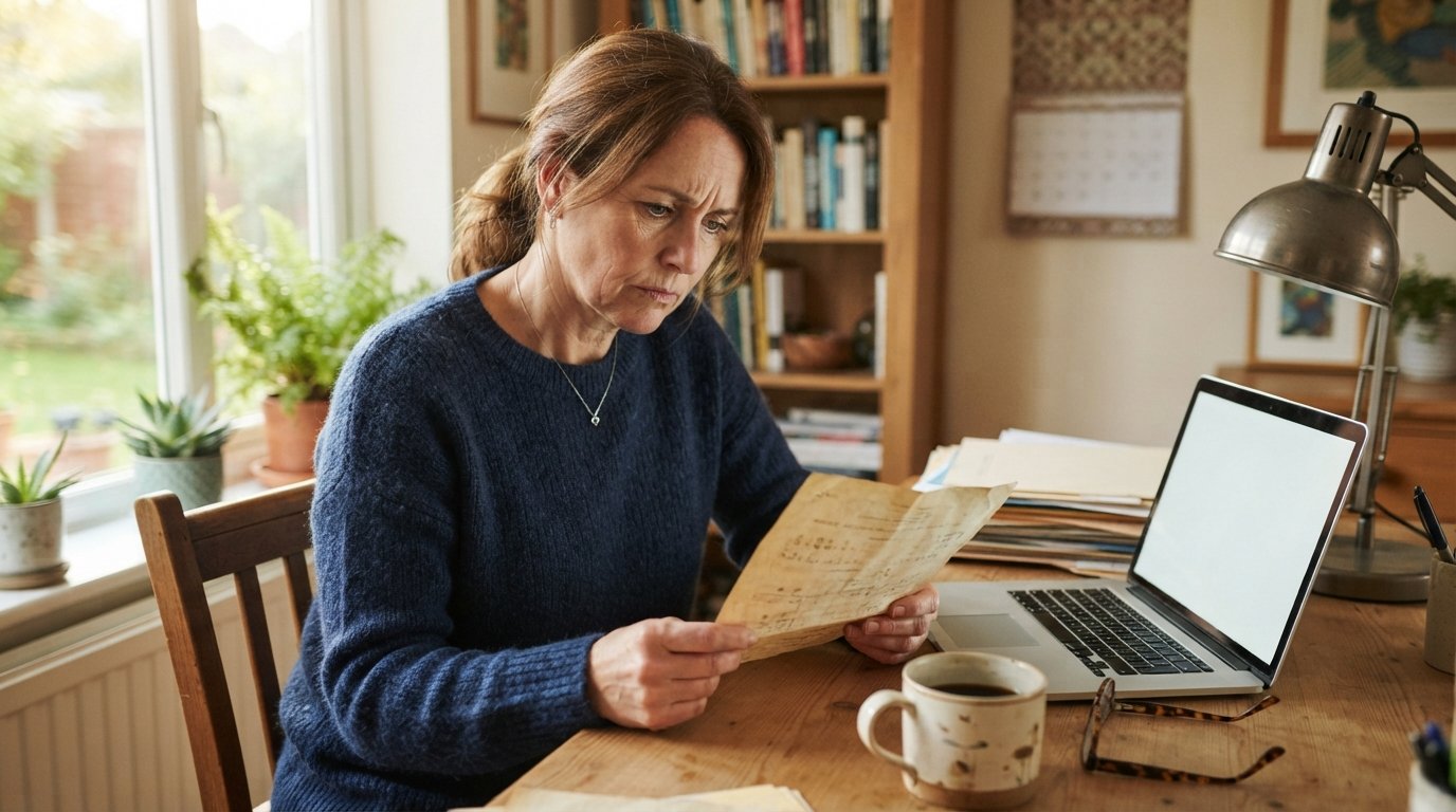 Middle-aged adult holding a yellowed printed transcript at a wooden desk beside a laptop, coffee mug, reading glasses, and…