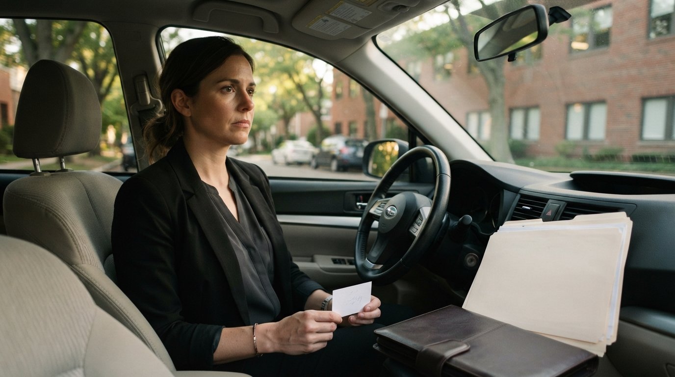 Business-casual professional in a parked car holding a business card, staring ahead thoughtfully, with a leather portfolio…