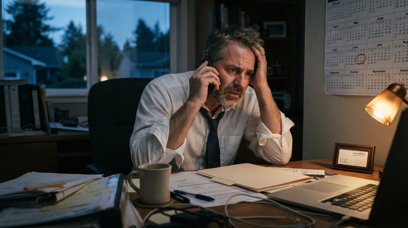 Man in a wrinkled dress shirt holds a phone to his ear at a cluttered desk, looking at a wall calendar with a red-circled…