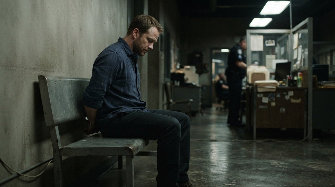 Handcuffed man in a wrinkled button-down shirt sits on a metal bench in a dimly lit police station booking area, looking…
