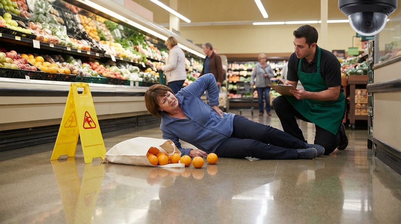 Middle-aged woman lying on a grocery store floor clutching her lower back, with fallen oranges and a shopping bag nearby,…