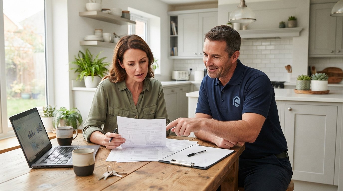 Homeowner in a button-down shirt reviews a paper contract at a kitchen table while a contractor in a polo shirt points to…