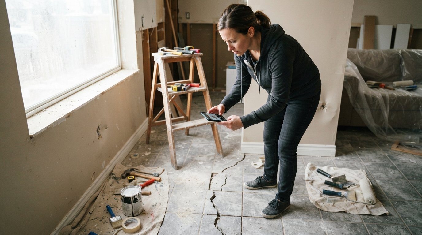 Homeowner holding a smartphone to photograph a cracked tile floor and dented wall beside a ladder, tools, and paint cans in…