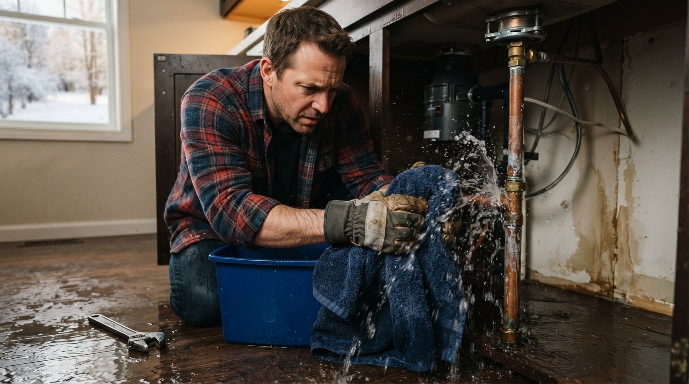 Person in flannel and work gloves pressing a towel to a spraying copper pipe under a sink, with water pooling on the wood…