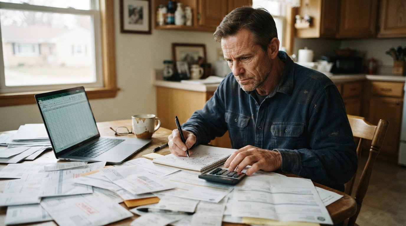 Man in his 40s sits at a wooden kitchen table covered with credit card statements, loan papers, medical bills, and a…