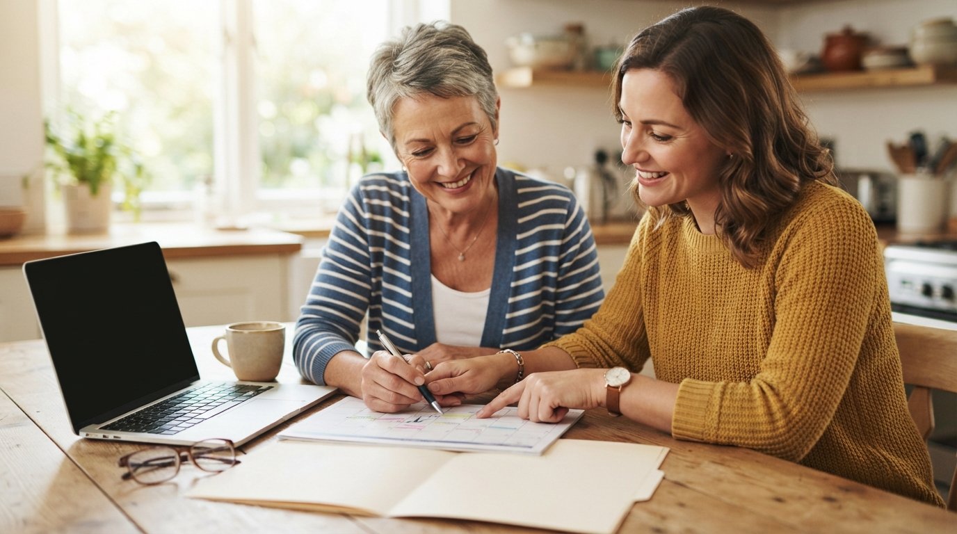 Smiling woman in her mid-60s sits at a kitchen table with a calendar, pen, and papers while her adult daughter points to…