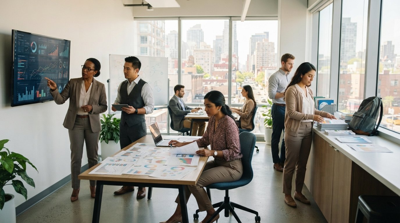 Diverse public health team working in a bright office with a data dashboard, charts, and field materials, city skyline…